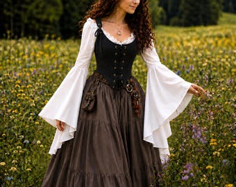 Renaissance Fair Dress – Cotton Stays Corset, Taupe Long Tiered Skirt, Flowing Off-shoulder Sleeves Blouse