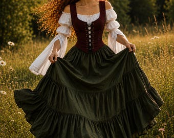 Renaissance Peasant Costume - Olive Tiered Skirt - Burgundy Lace-Up Bodice -off-shoulder flowing sleeves Blouse -The Ella