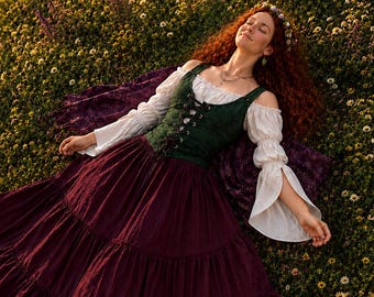Renaissance Peasant Cotton Cottagecore Costume – Burgundy Long 3-Tier Skirt, Green Bodice, Flowing Sleeves Blouse