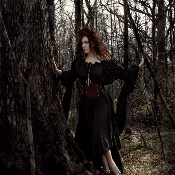 Renaissance Sorceress Costume – Black Smocked Dress, Burgundy Cincher, Long Flowing Off-Shoulder Sleeves - The Circe