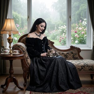 a woman is playing with her kitten sitting on a chaise longue in a Victorian parlor. she is wearing a black velvet and lace corset and a long and full lace skirt