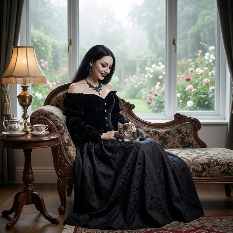a woman is playing with her kitten sitting on a chaise longue in a Victorian parlor. she is wearing a black velvet and lace corset and a long and full lace skirt