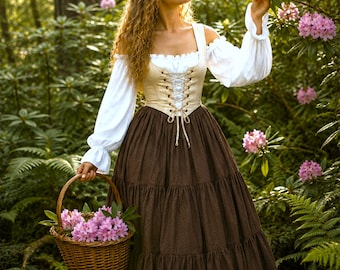 Renaissance Peasant Costume - Tiered Truffle Skirt - off-shoulder Bell Cuff Blouse - Lace Up Bodice - The Kassandra