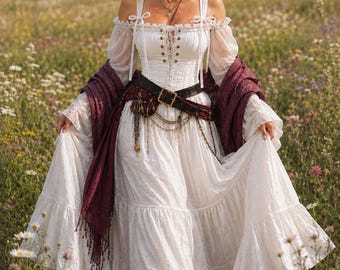 Renaissance Fair Cottagecore Dress in White – Taffeta Corset, Tiered Skirt, Flowing Blouse - The Lilly