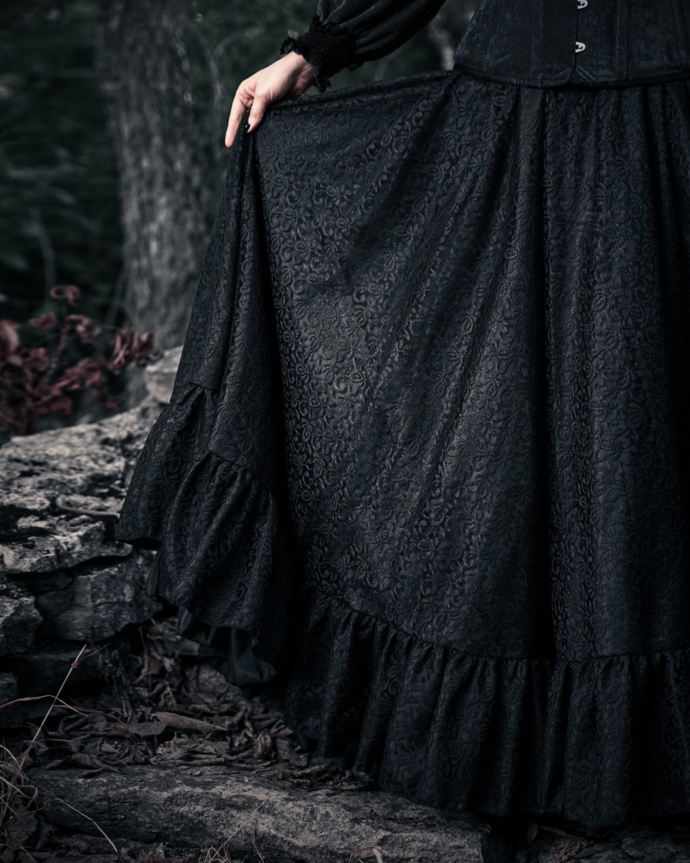 Gothic Neo Victorian Dress - Dark Angel Velvet Goth Corset with Attached Sleeves - Rose Design Lace Ruffle Full Circle Skirt.