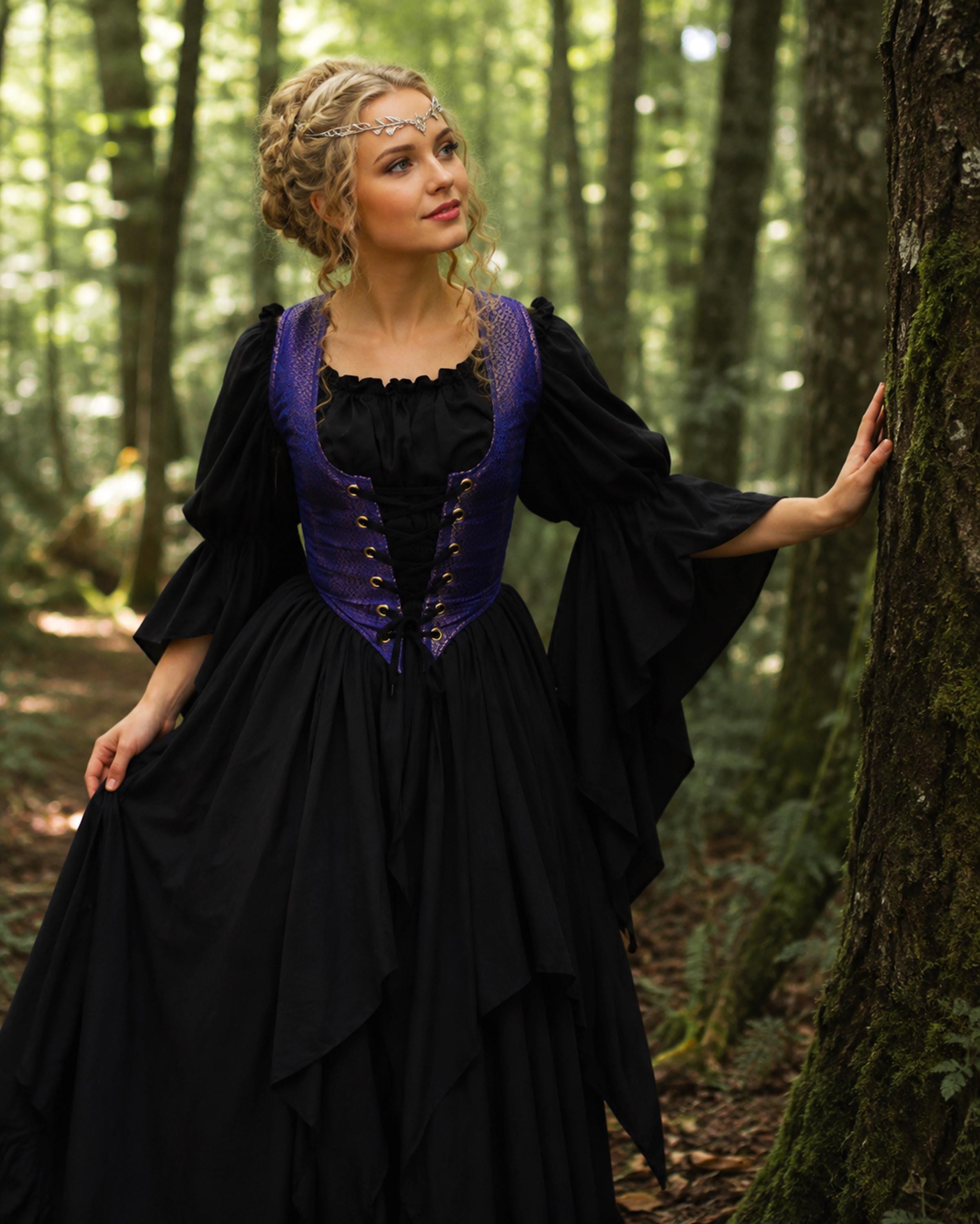 Renaissance Witch 3-Piece Costume - Brocade Bodice - Crepe de Chine Wicca Dress