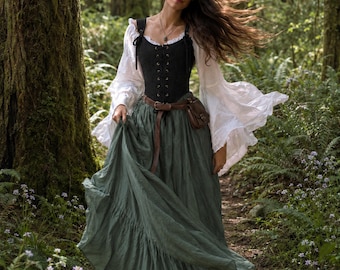 Renaissance Cotton Dress - Cotton Stays Corset - Sage Tiered Skirt - off-shoulder Flowing Sleeves Blouse - The Virginia