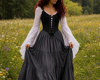 Renaissance Fair Dress – Cotton Stays Corset, Grey Long Tiered Skirt, Flowing Off-shoulder Sleeves Blouse