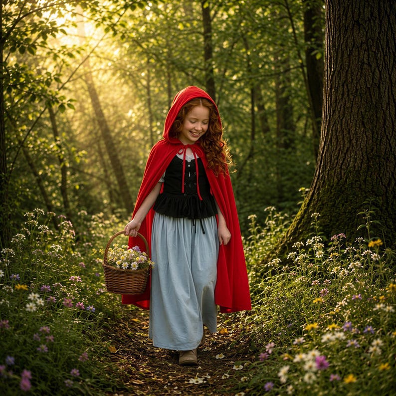 May include: A young person wearing a red hooded cape, black top, and blue skirt, carrying a basket of flowers, walks along a forest path. The scene is bathed in sunlight, with lush greenery and wildflowers.