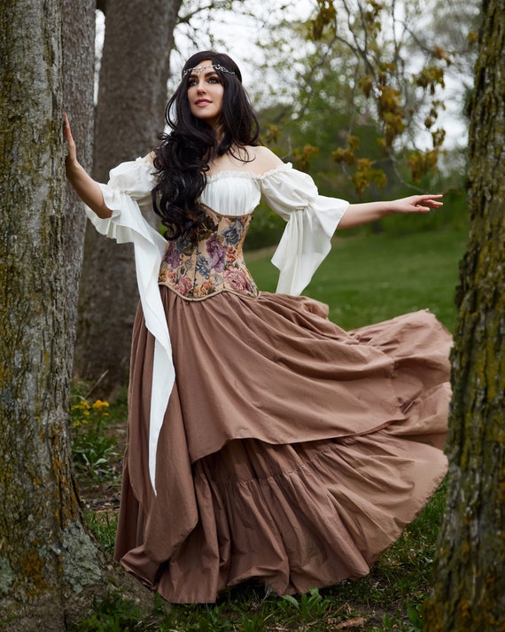 Reminisce the Forest Fairy Womens Renaissance Beige Costume Ren Faire  Medieval Fantasy 3 Piece Dress Plus Corset 