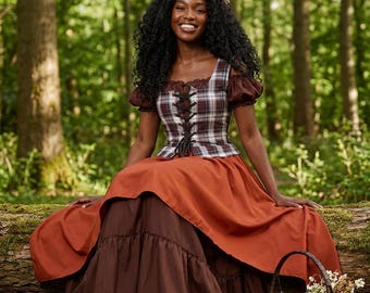 Renaissance Fair Browns Tartan Bodice Corset Dress - Ren Faire Scottish Celtic Layered Costume