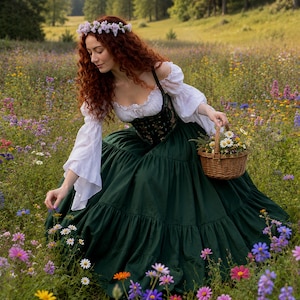 May include: A white off-the-shoulder blouse with long flared sleeves, a dark green corset with black detailing, and a long, tiered dark green skirt. A floral crown with light purple flowers sits on the head, and a woven brown basket holds flowers.