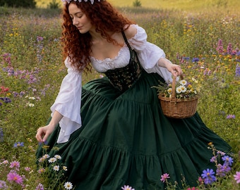 Renaissance Scottish Cottagecore Costume - Floral Tapestry Bodice - Puff Sleeves Blouse - Long Green Skirt - The Marguerite