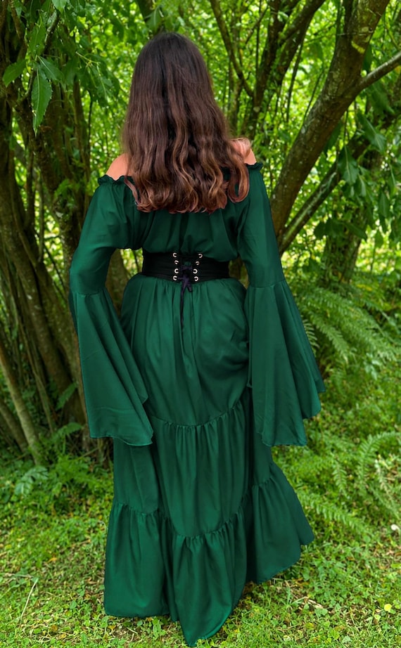 Renaissance Peasant Maiden Costume – Off-Shoulder Gown with Flowing Sleeves - Cincher Belt