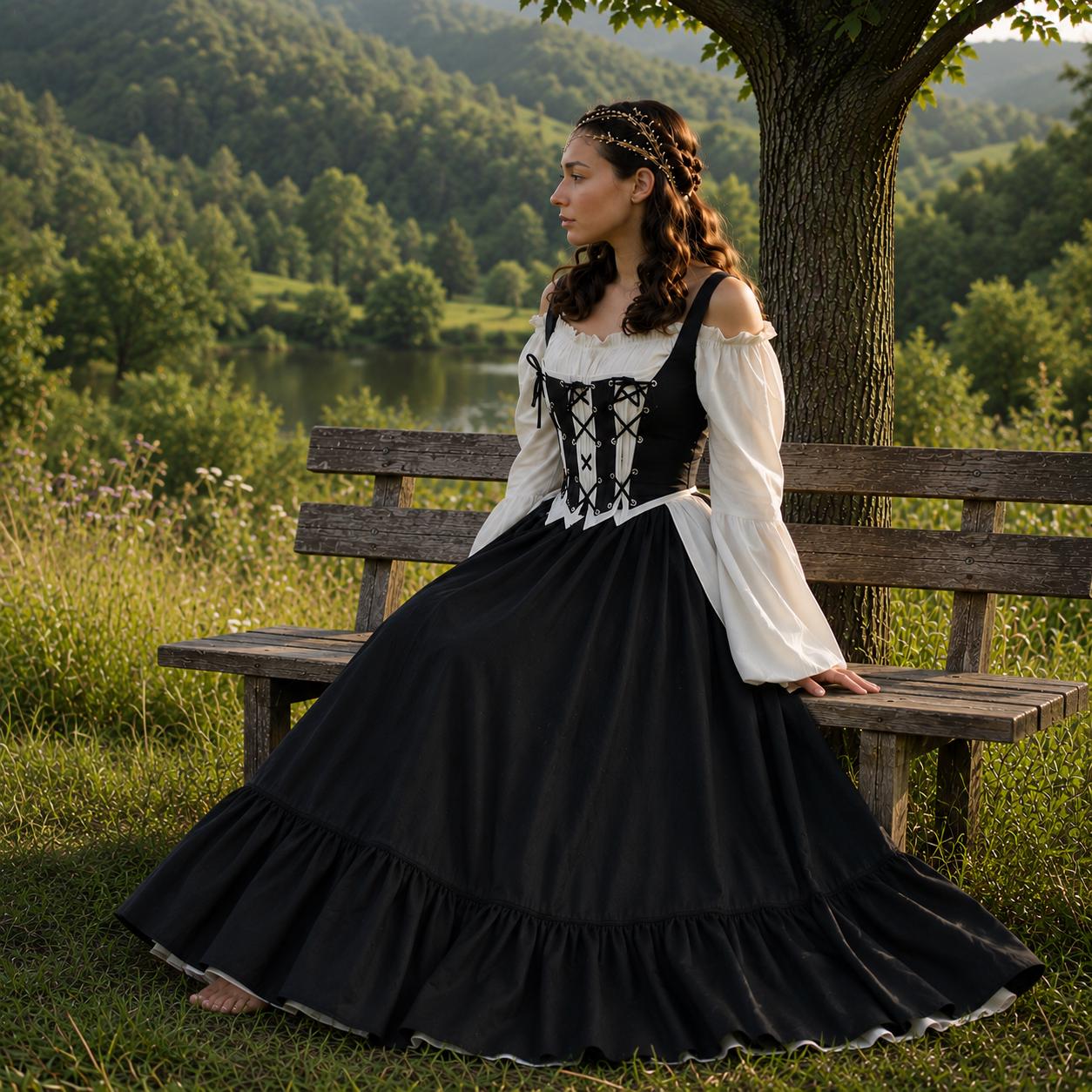 layered renaissance dress Costume - skirts - Ren Faire Bodice - Flowing Sleeves off- the- shoulder - Chemise Dresses: Formal Dresses