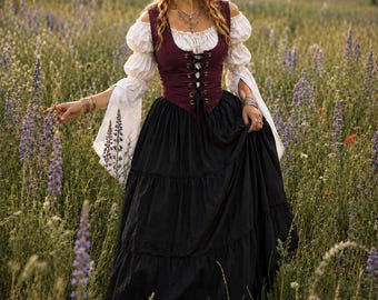 Renaissance Peasant Costume - Tiered Skirt - off-shoulder flowing sleeves Blouse - Lace Up Bodice - The Kimberly