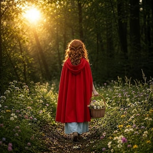 May include: A person wearing a red hooded cloak and a light blue dress walks through a sunlit forest path, carrying a basket of flowers. The scene evokes a fairytale theme with a focus on nature and fantasy.