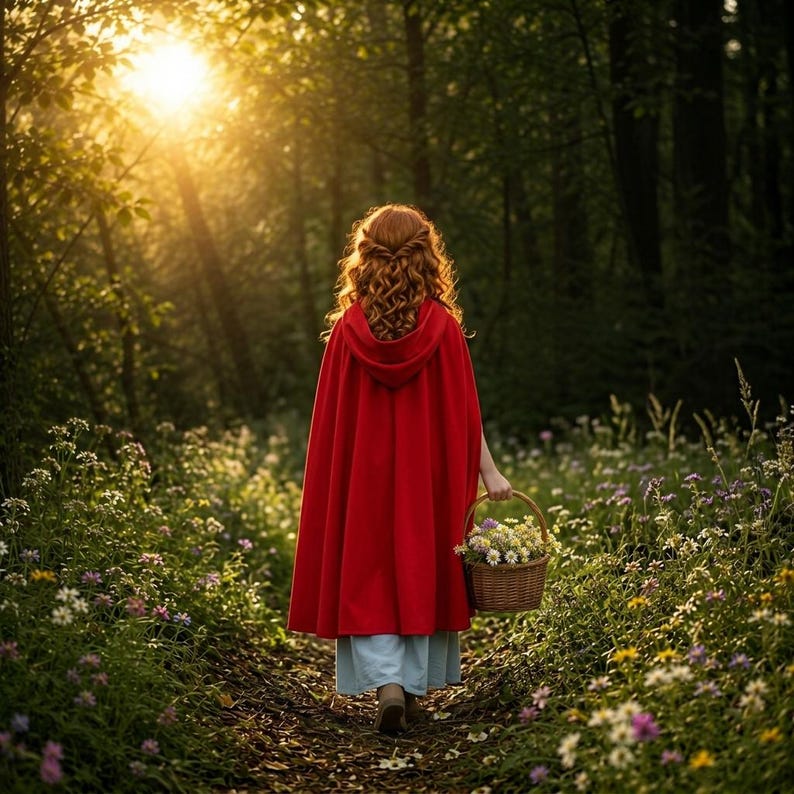 May include: A person wearing a red hooded cloak and a light blue dress walks through a sunlit forest path, carrying a basket of flowers. The scene evokes a fairytale theme with a focus on nature and fantasy.