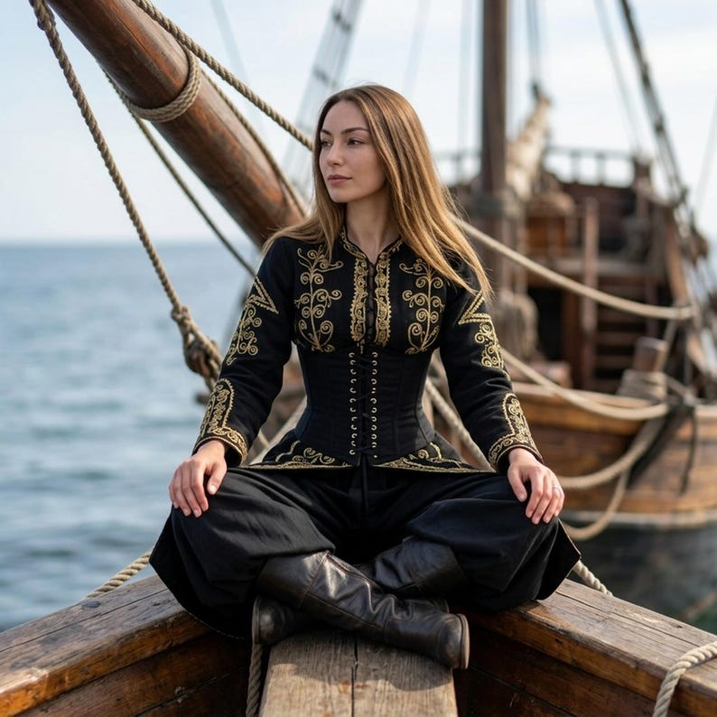 the model is sitting with her legs crossed on the bow of a pirate ship. she is wearing an Elizabeth Swann costume in black with gold embroidery.