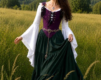 Renaissance Cottagecore Cotton Dress - Purple Taffeta Stays Corset - Green Tiered Skirt - off-shoulder Flowing Sleeves Blouse - The Krystal
