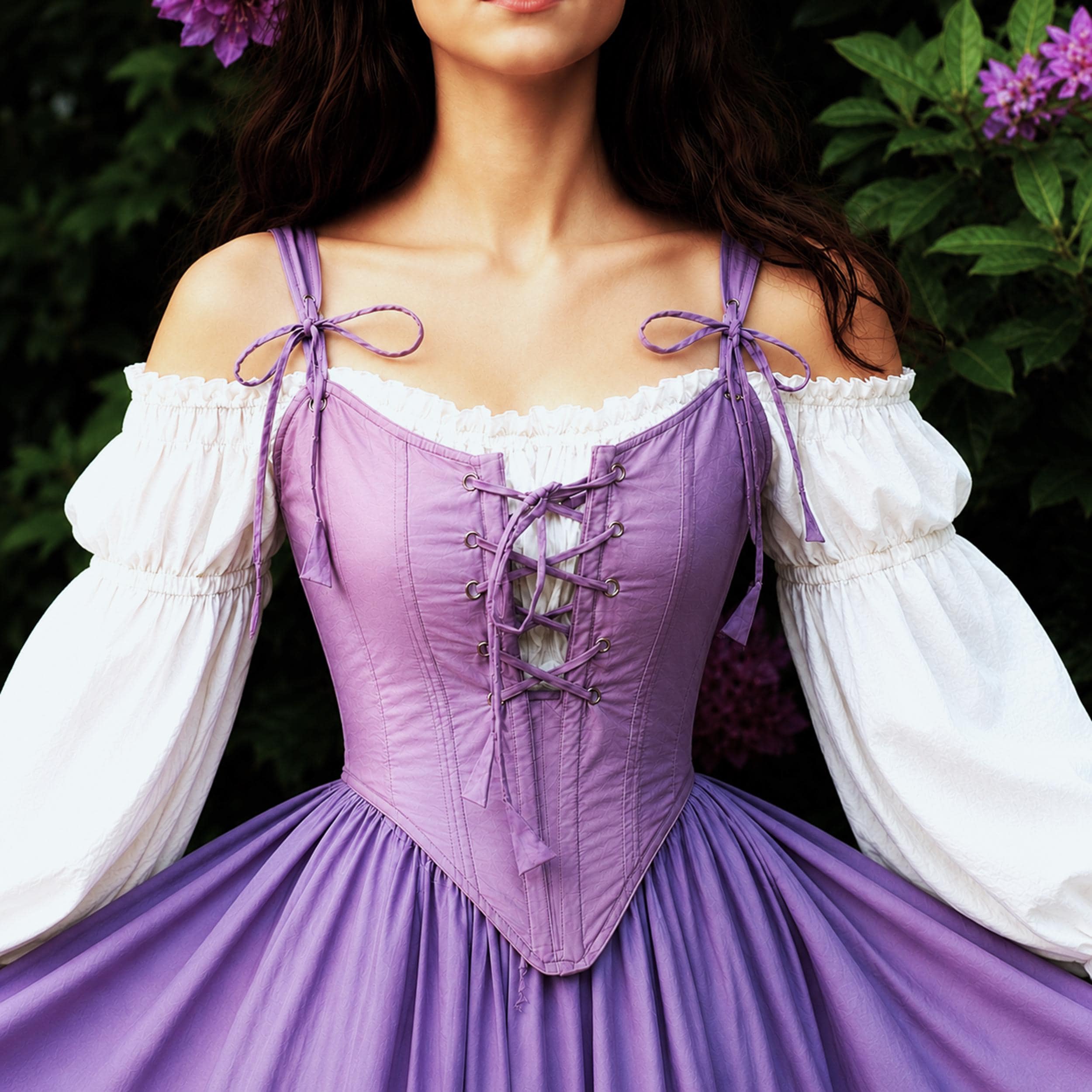 Renaissance Fair Overbust Corset Cottagecore Dress - Flowing Sleeves Off-Shoulder Blouse - Full Tier Skirt