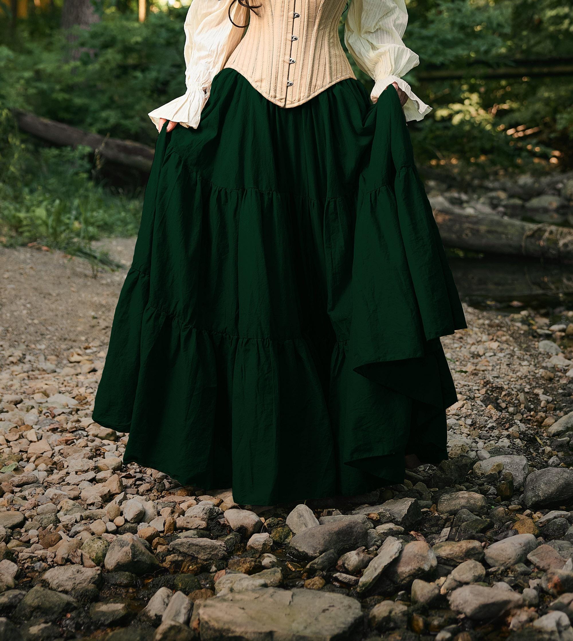 Women 100% Cotton Full Maxi Skirt - Cottagecore - Renaissance Faire Medieval Fantasy -Hunter Green Drawstring Waist- Reminisce Brand