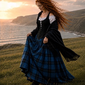 May include: A long blue and black plaid skirt paired with a white off-the-shoulder blouse, a black lace-up corset bodice, and a dark shawl. The ensemble features a full-length skirt with a gathered waist and a structured bodice with front lacing.