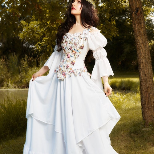 Renaissance Corset Dress  Flowing Puff Sleeves, Multi-layered Skirts,  Off-shoulder Chemise - Etsy