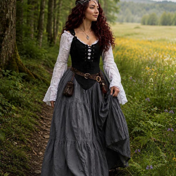 Renaissance Fair Dress – Taffeta Corset, Tiered Skirt, Flowing Blouse