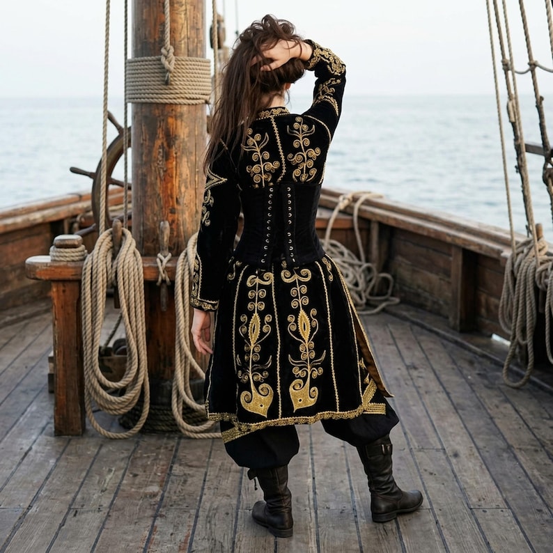 model holding her hair up and facing away is showing the back of her Elizabeth Swann costume. she is standing on a pirate ship deck