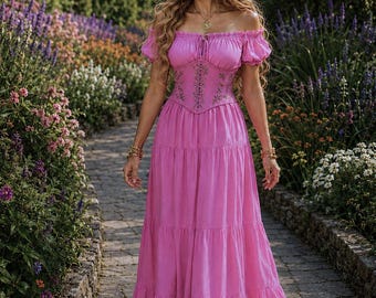 Bohemian Cottagecore Renaissance Pink Dress - Beach Sundress
