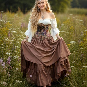 Renaissance Tapestry Corset Beige Dress - Flowing Puff Sleeves off-shoulder Chemise Costume - The Forest Fairy