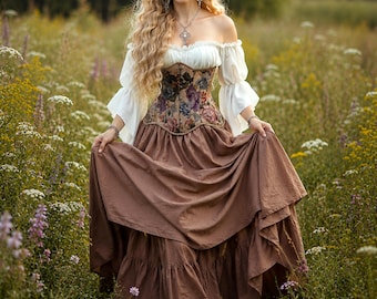 Renaissance Tapestry Corset Beige Dress - Flowing Puff Sleeves off-shoulder Chemise Costume - The Forest Fairy