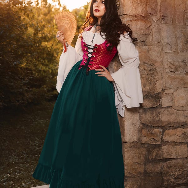 Disfraz de mujer para la feria renacentista La "Milady" Vestido de fantasía medieval campesina de 3 piezas con corpiño El disfraz imprescindible Falda de jade
