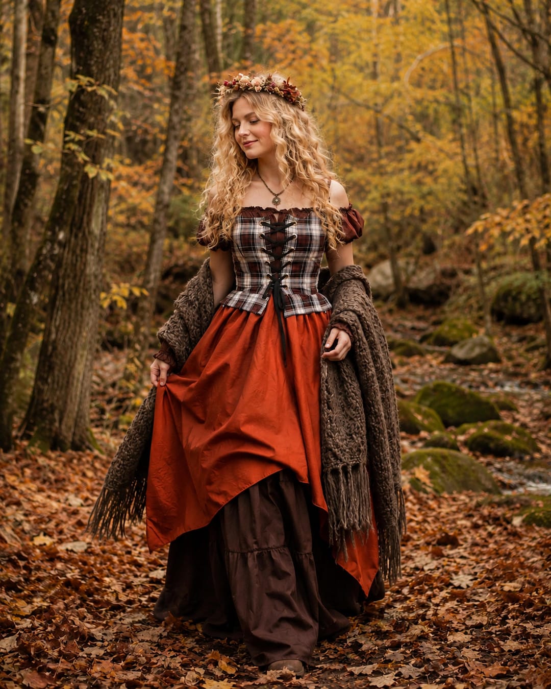 Renaissance Faire Peasant Wench Costume - Tartan Bodice - Off-Shoulder Cap Sleeves Chemise