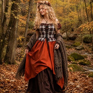 Renaissance Faire Peasant Wench Costume - Tartan Bodice - Off-Shoulder Cap Sleeves Chemise - Multi-Layered Dress