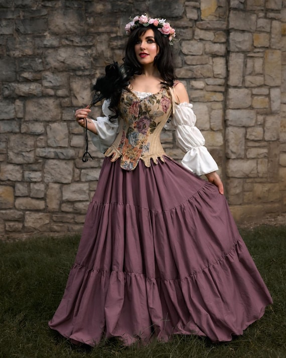 Renaissance Fair Cotton Dress - Tapestry Corset - Tiered Skirt - Ren Faire Costume
