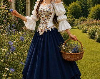Renaissance Corset Dress – Flowing Puff Sleeves - Dark Blue Multi-Layered Skirts - Off-Shoulder Chemise
