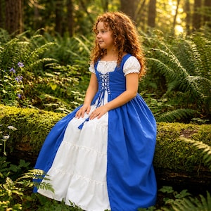 May include: A blue and white dress with a corset-style bodice and a tiered skirt. The dress has short, puffed sleeves and is trimmed with white lace. The dress is worn by a person with red curly hair, sitting on a moss-covered log in a forest setting.