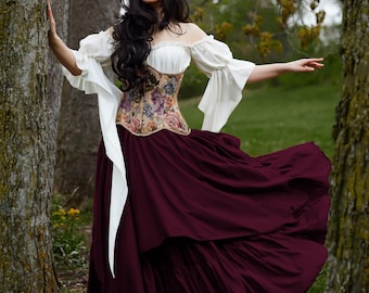 Renaissance Faire Layered Forest Fairy Dress - Ren Fair Burgundy Tapestry Corset Noble Lady Garment