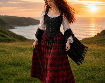 Scottish Cottagecore Renaissance Costume - Corset, Red Tartan Skirt - Puff Flowing Sleeves off-shoulder Blouse - The Highlander