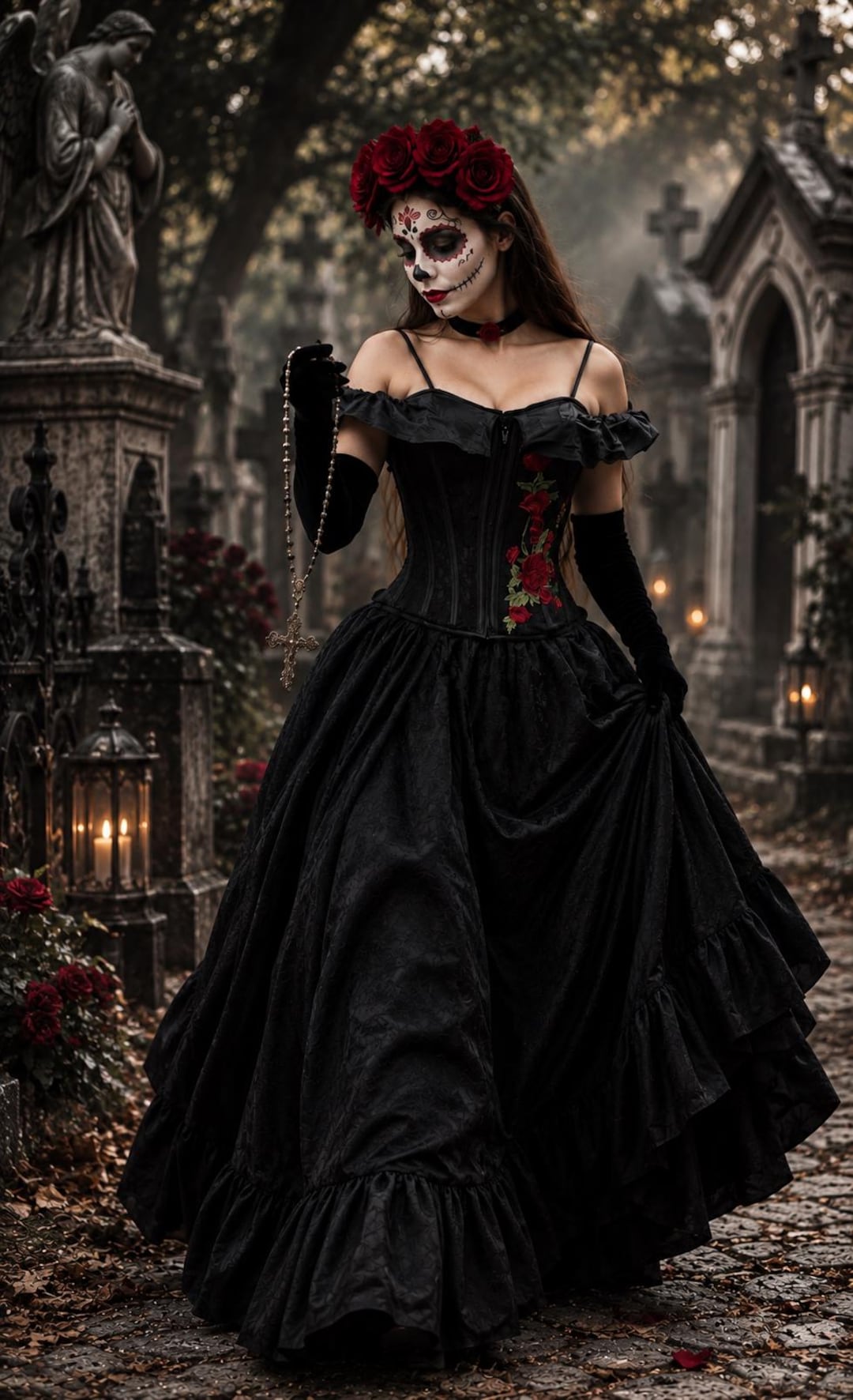 black dia de los muertos dress La Catrina - Embroidered Roses Stays Corset & Lace Skirt Cosplay Costume Dress. ~ ~ Day of the Dead dia de los muertos outfits