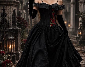 La Catrina - Embroidered Roses Stays Corset & Lace Skirt Cosplay Costume Dress.  ~ Dia De Los Muertos ~ Day of the Dead