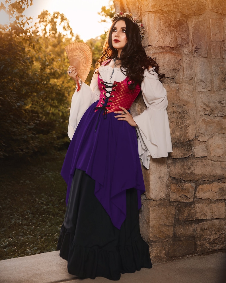 Reminisce Romani Cosplay Renaissance Faire Medieval Wench Fortune Teller Gypsy 4-Piece Costume Fuchsia- Plum