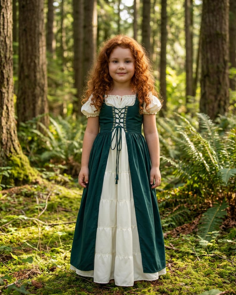 May include: A young person with long, curly red hair wearing a green and cream-colored dress with a laced bodice and short, puffed sleeves. The dress has a tiered skirt and is set against a backdrop of a lush forest with tall trees and ferns.