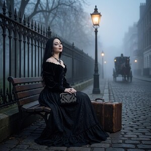 a woman is waiting for a carriage by a park. she is wearing a black velvet corset with a long lace skirt