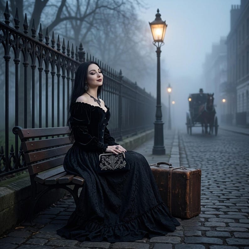 a woman is waiting for a carriage by a park. she is wearing a black velvet corset with a long lace skirt