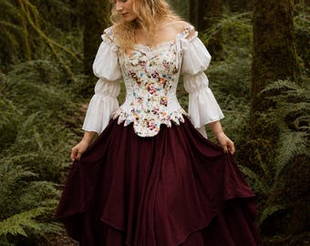 Renaissance Corset Dress – Flowing Puff Sleeves - Burgundy Multi-Layered Skirts - Off-Shoulder Chemise