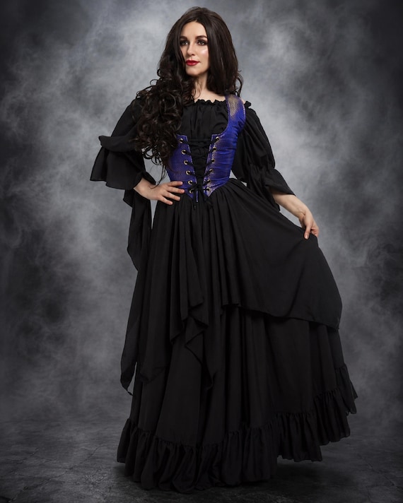 witch corset dress Renaissance 3-Piece Costume - Brocade Bodice - Crepe de Chine Wicca Black And White Party 26spring or Cosplay event. Variant:S fantasy witch dress