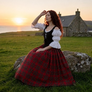 Scottish Highland Renaissance Costume - Corset, Red Tartan Skirt - Puff Flowing Sleeves off-shoulder Blouse - The Highlander